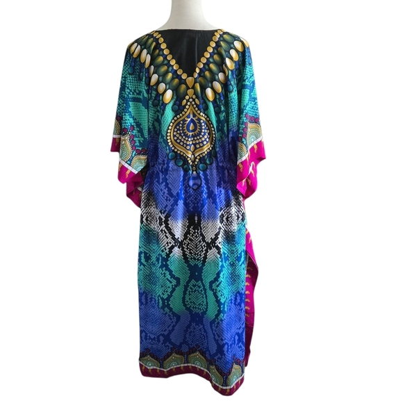 Bell Pepper One Size Maxi Vibrant Multicolor Kaftan Dress Shiny Tiny Gold Studs - Picture 5 of 16